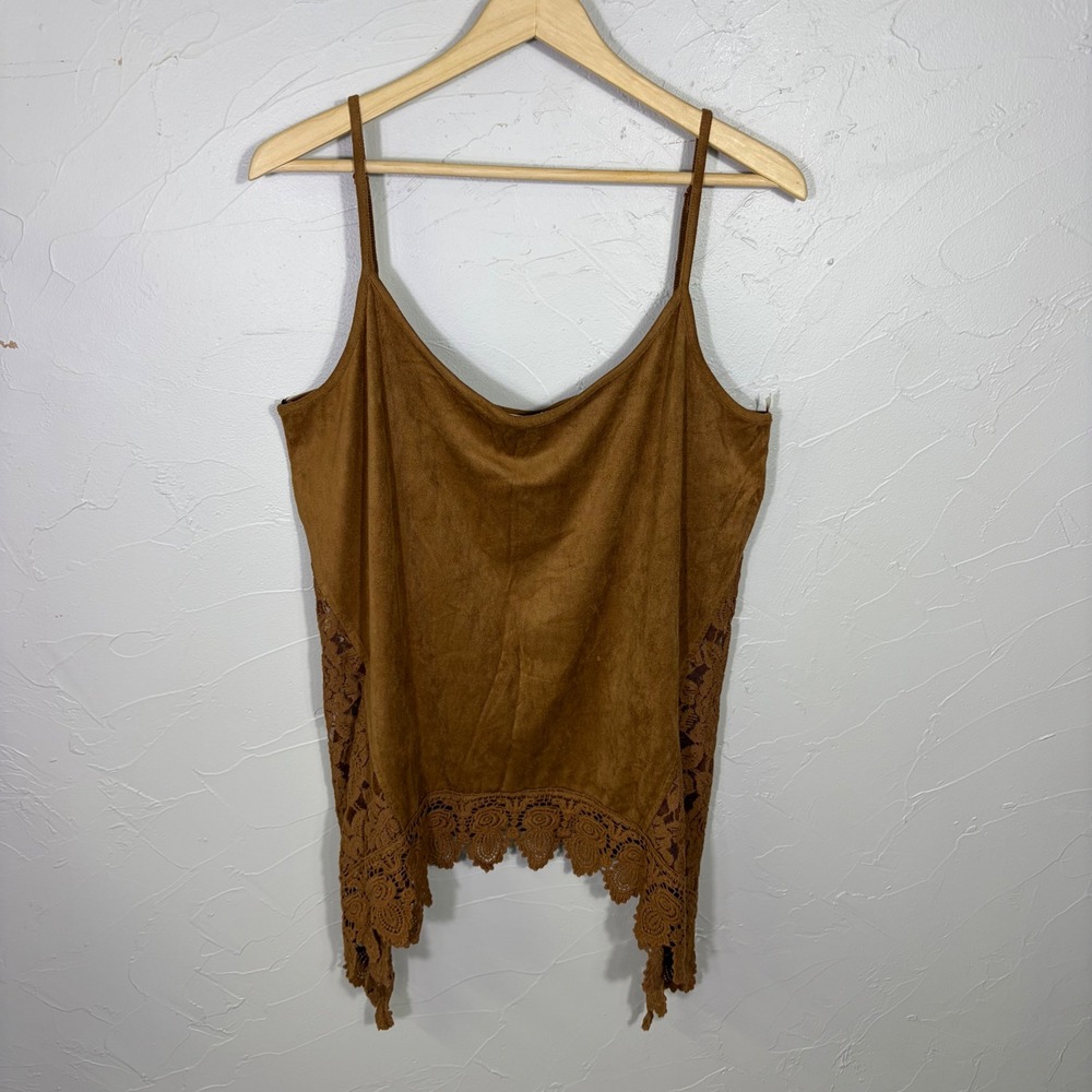 Taylor Sage Cami Tank Top Womens XL‎ Brown Faux Suede Lace Trim Boho Festival